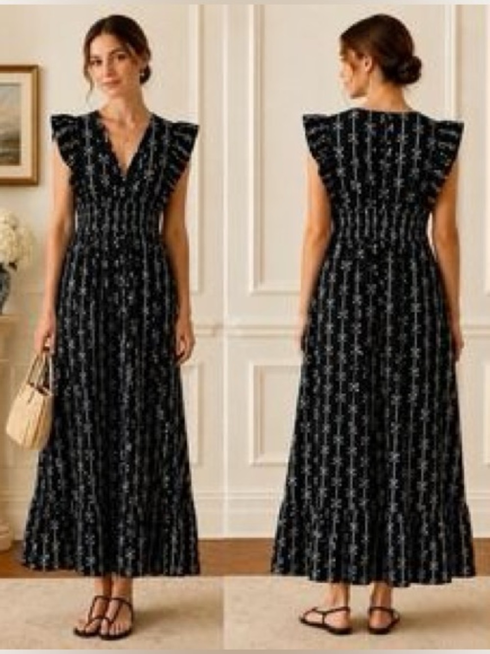 Sail to Sable Flutter Sleeve V Neck Midi Dress Black White Bow Size XXS NWT New